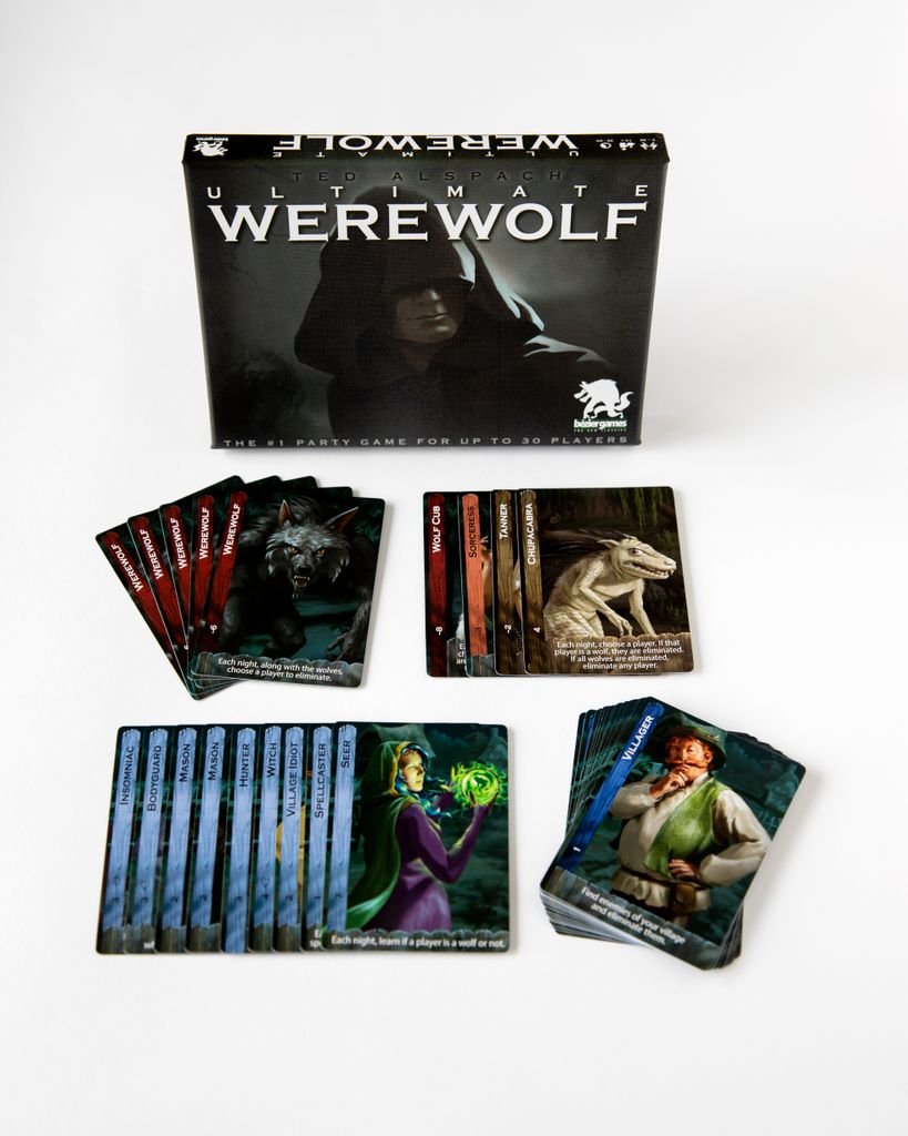 Ultimate Werewolf game box standing behind fanned role cards