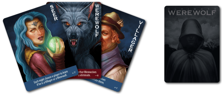 Ultimate Werewolf card back: a hooded figure under the title, beside Seer, Werewolf, and Villager cards