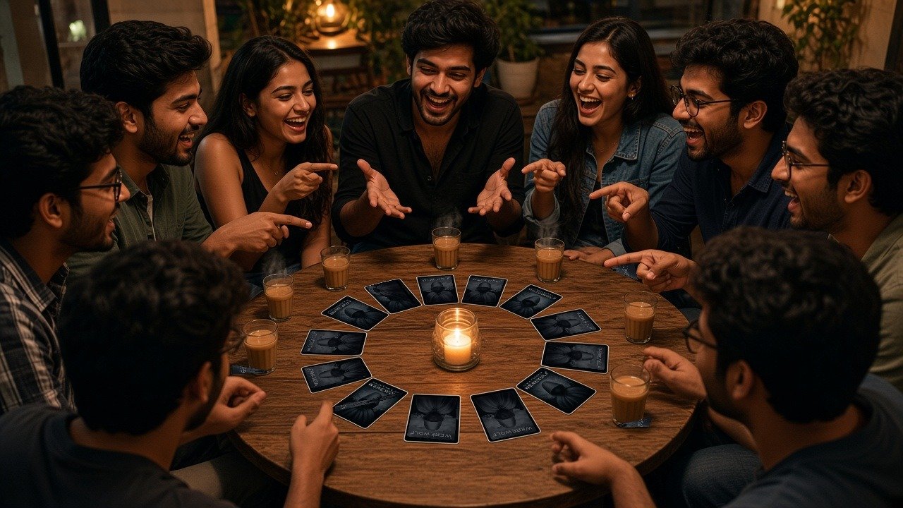 Friends around a cafe table voting, with Ultimate Werewolf card backs in a circle