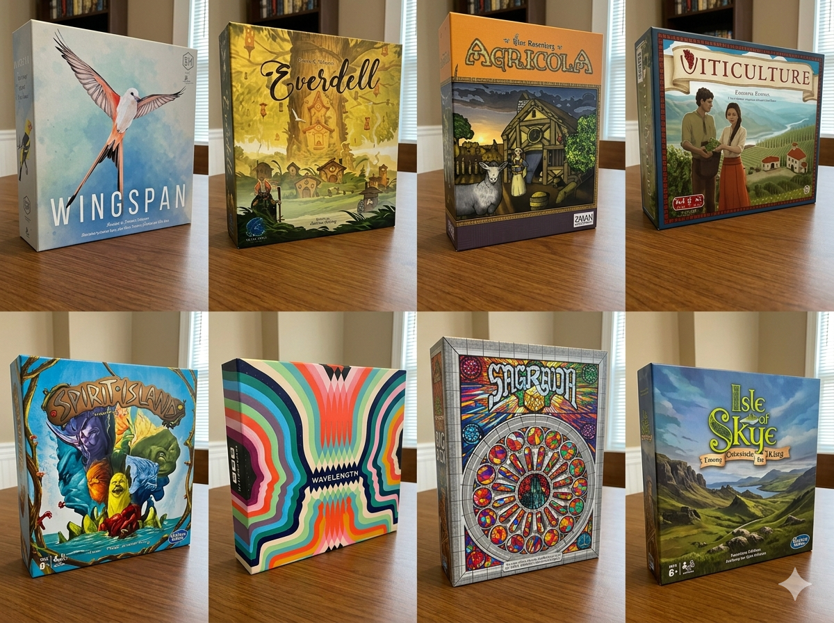 Wingspan, Everdell, Agricola, Viticulture, Spirit Island, Wavelength, Sagrada, Isle of Skye