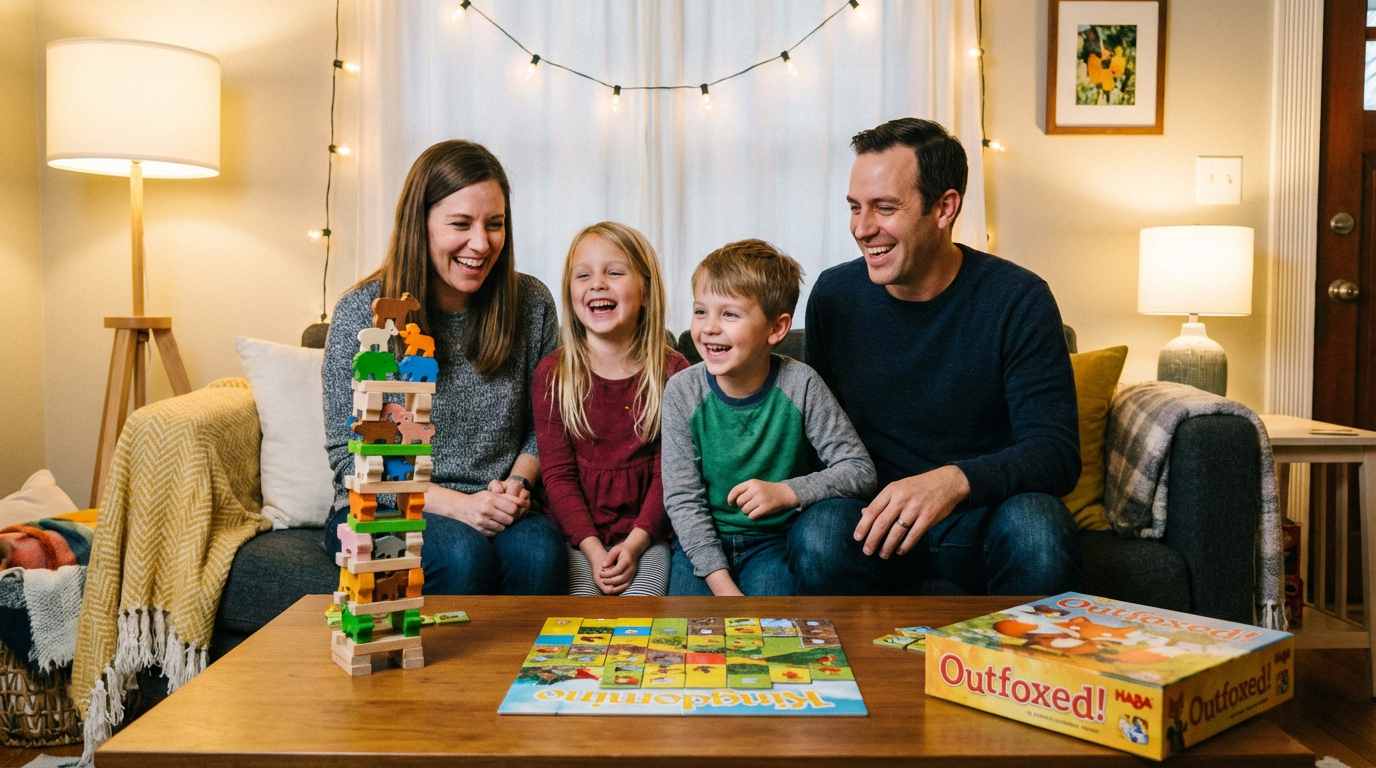 Family playing board games with children