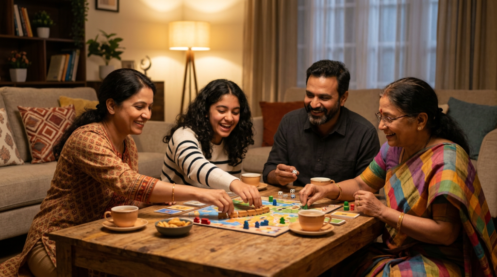 Family gathered around a table for board game night at home in India — dice, meeples, and warm evening light.