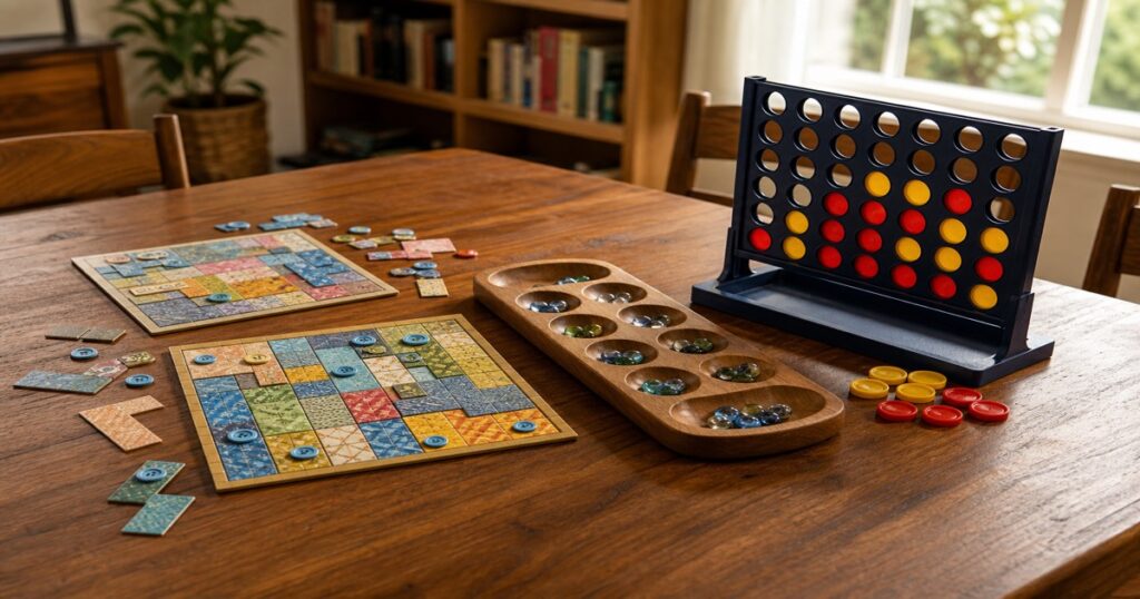 Best 2 player board games for 6 year olds 2026 — Patchwork, Mancala and Connect 4 set up for parent and child.