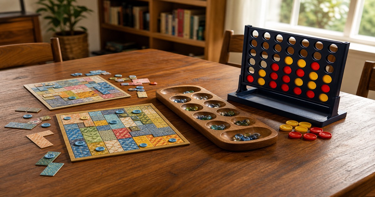 Best 2 player board games for 6 year olds 2026 — Patchwork, Mancala and Connect 4 set up for parent and child.