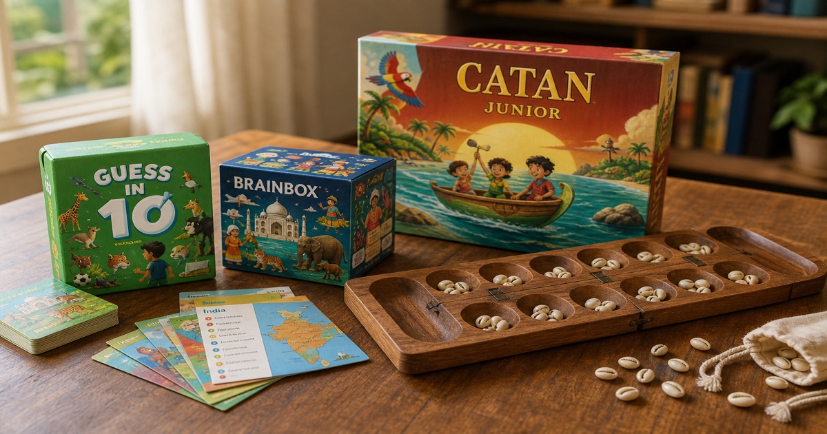 Best board games for 6 year olds in India 2026 — Skillmatics, BrainBox India, Catan Junior and Pallanguzhi on a wooden table.