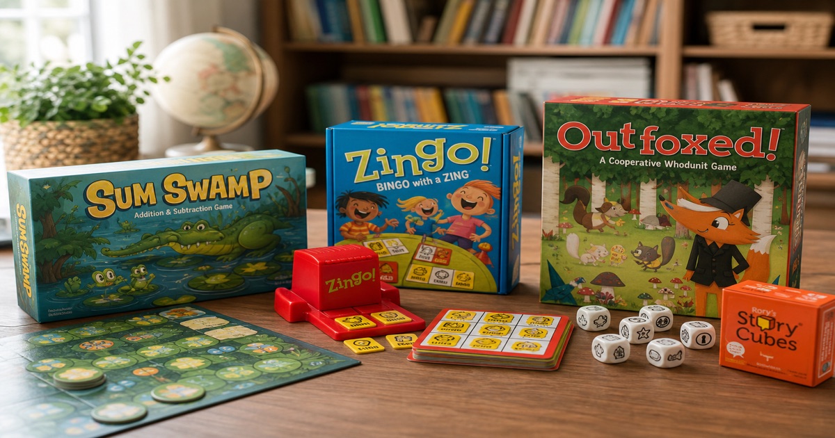Educational board games for 6 year olds 2026 — Sum Swamp, Zingo, Outfoxed and Story Cubes laid out on a study desk.