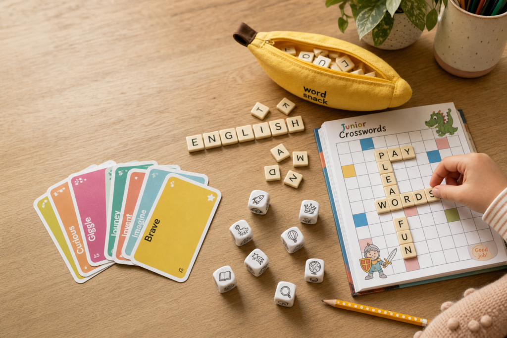 Best educational games for kids learning English 2026 — letter tiles, word cards, story dice and a junior crossword board on a wooden study table, with a child placing a tile