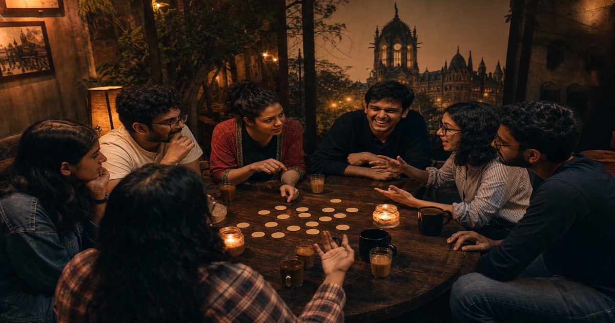 Friends playing a Blood on the Clocktower social deduction game night around a candlelit café table in India.