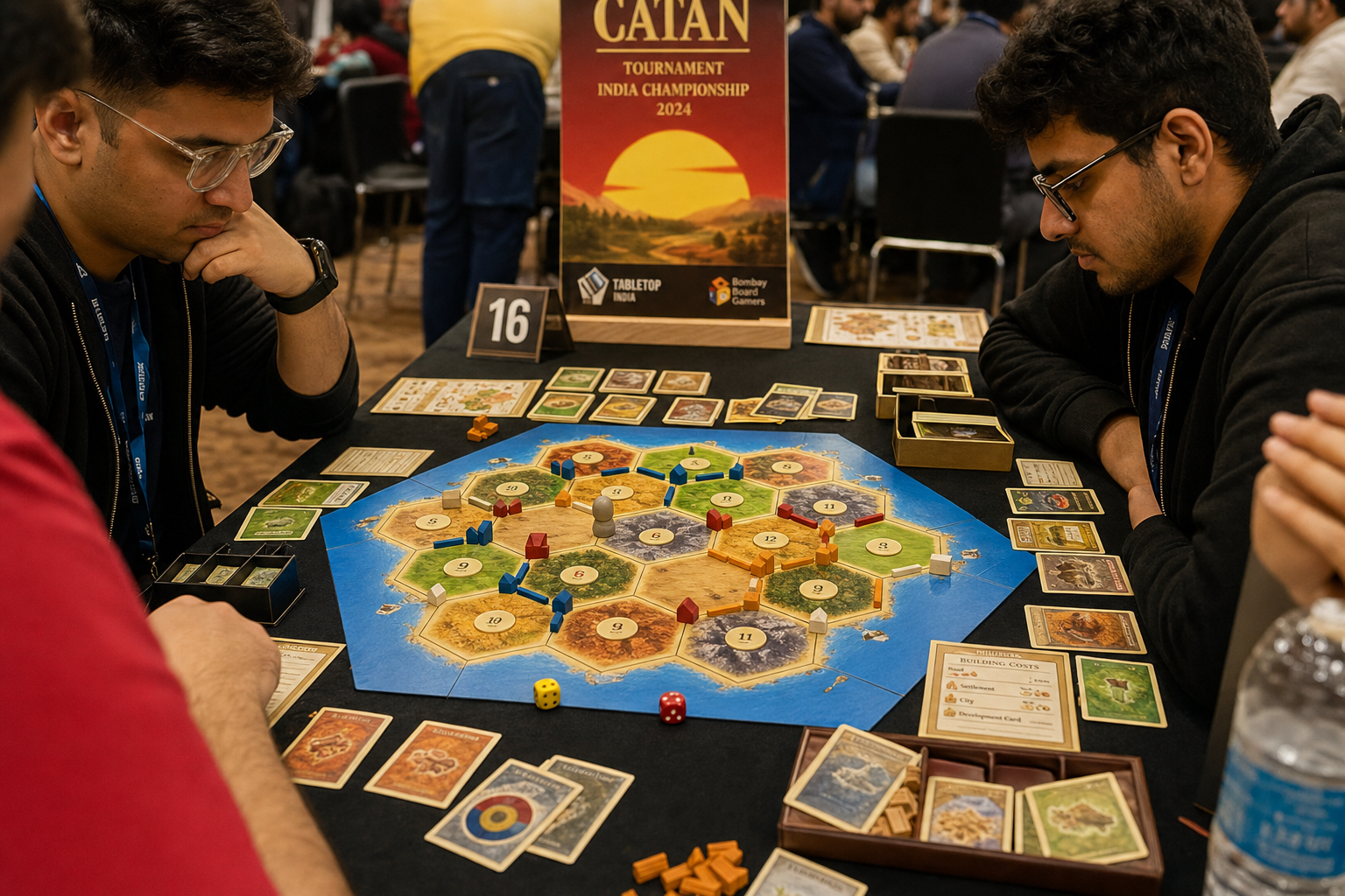 Catan board set up for a tournament game in India with settlements, roads and dice