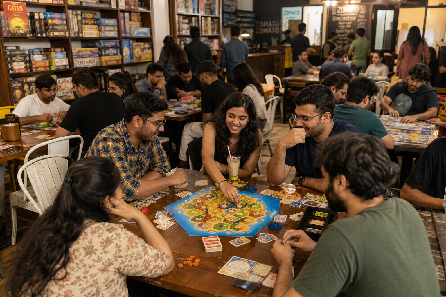 Board game café meetup in India with players gathered around tables to play Catan