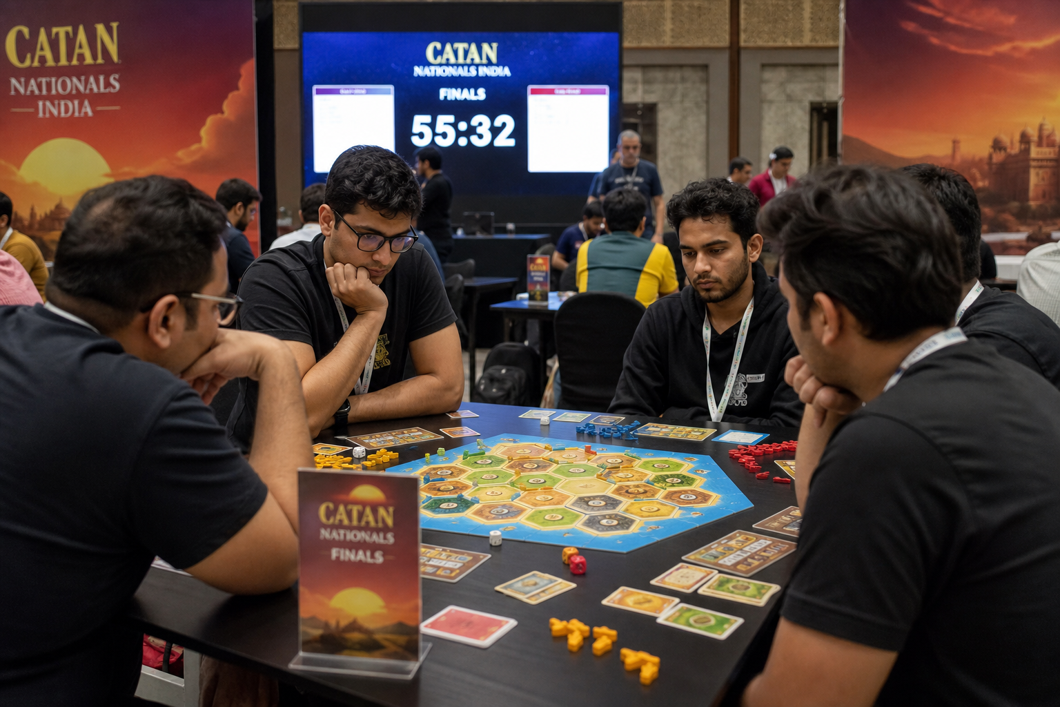 Players competing at a Catan tournament finals table in Mumbai, India