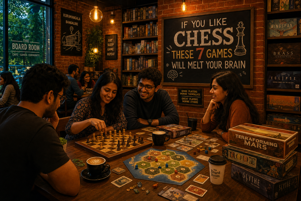 Young Indian adults playing strategy and social deduction games at a warmly lit board game cafe in Koramangala, illustrating brain-melting alternatives to chess for a game night